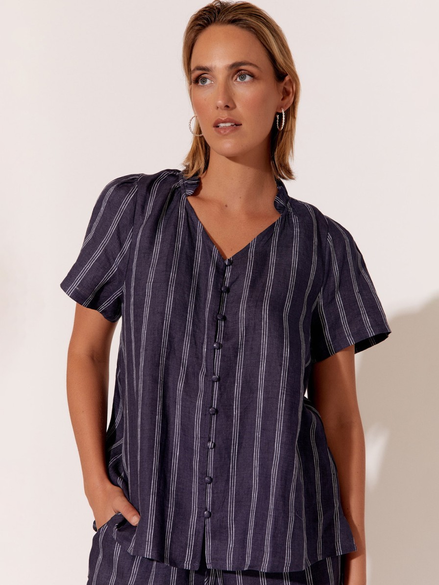 Tops Vendor | Stripe Linen Top - Navy - Adorne - Florence Store