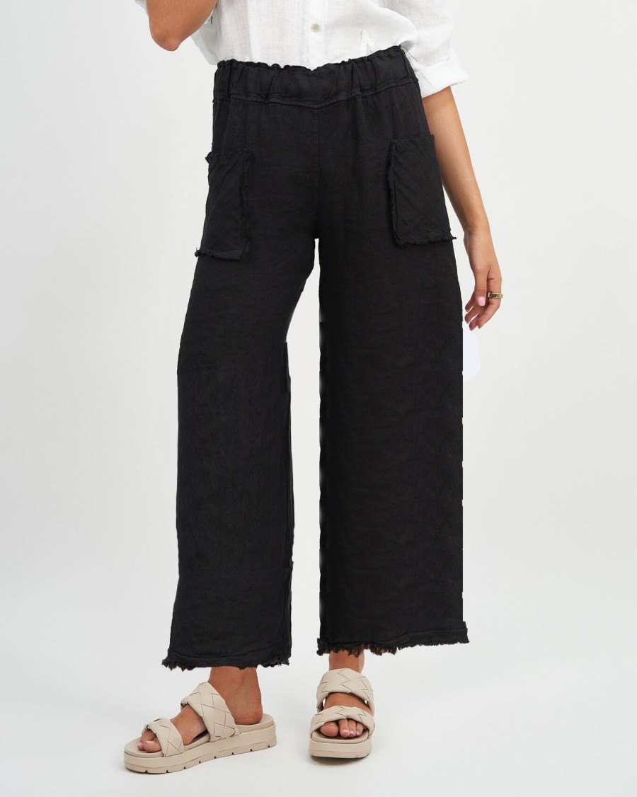 Bottoms Vendor | Linen Fray Edge Pant - Black - La Strada - Florence Store