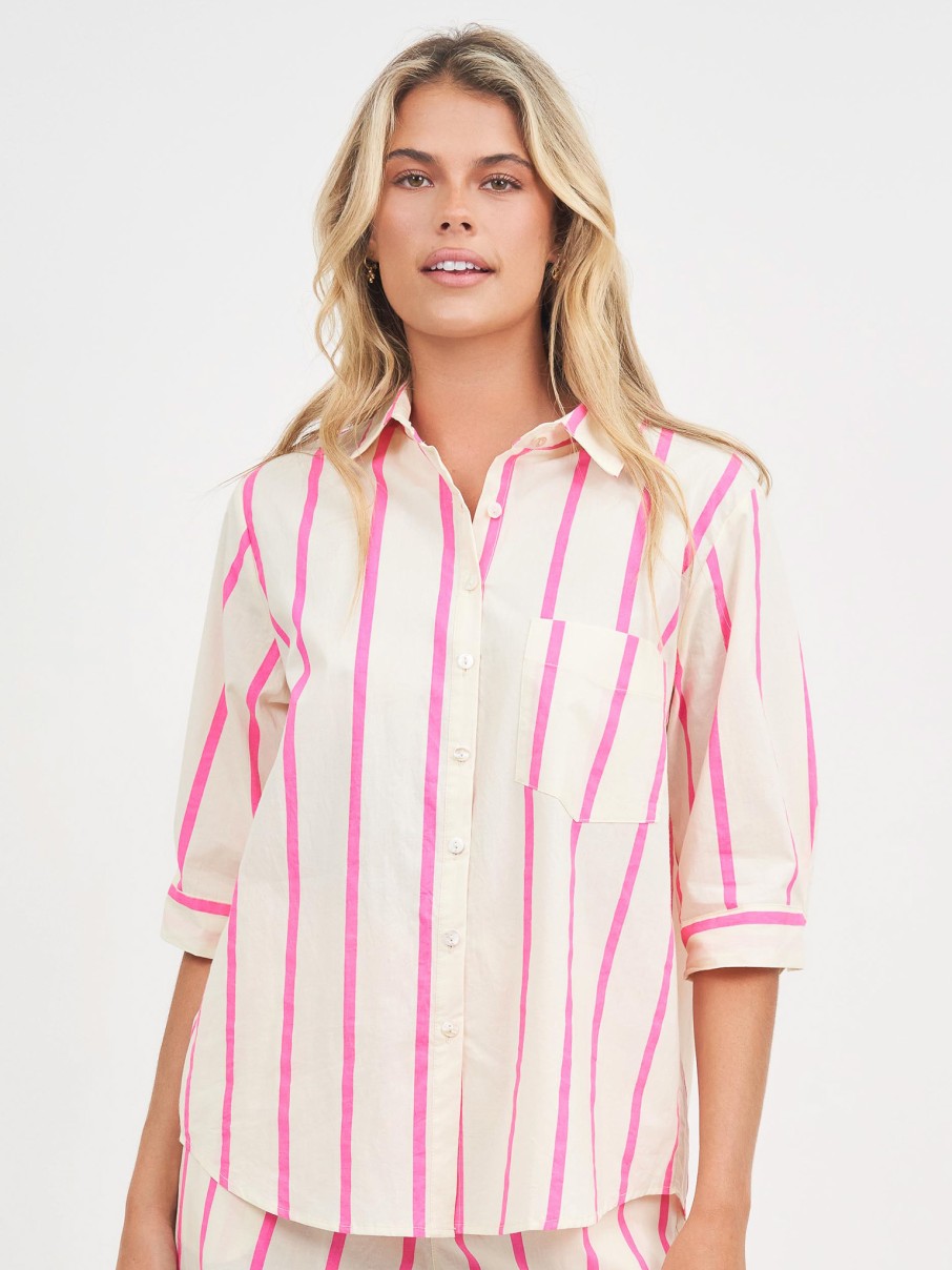 Tops Vendor | Striped Cotton Shirt - Pink - Worthier - Florence Store