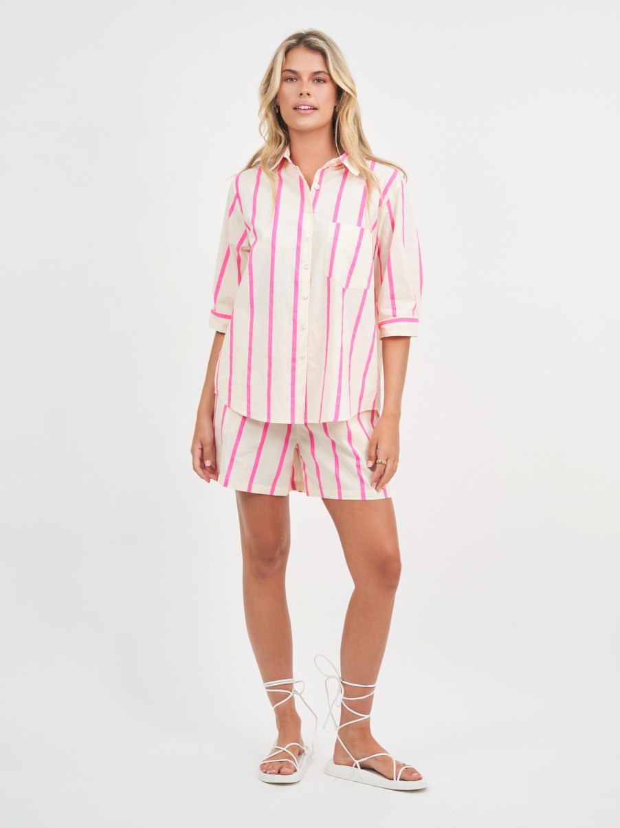 Tops Vendor | Striped Cotton Shirt - Pink - Worthier - Florence Store