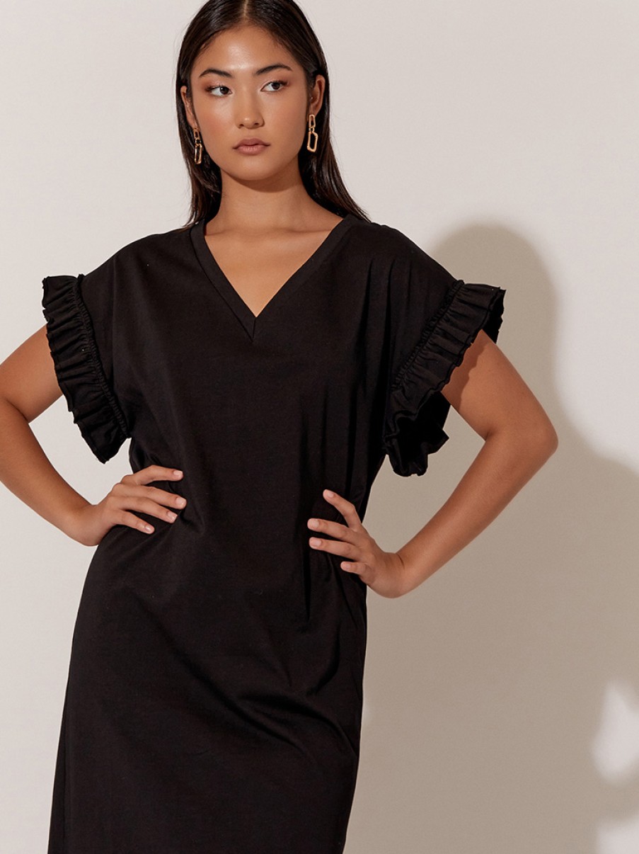 Dresses Vendor | Cotton Jersey Frill Sleeve Dress - Black - Adorne - Florence Store