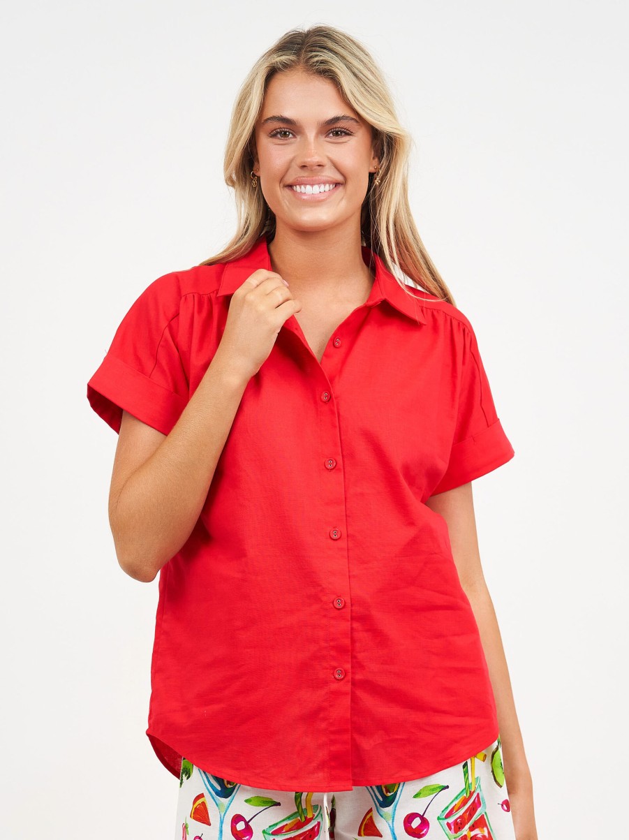 Tops Vendor | Relaxed Linen Shirt - Red - Liberty Rose - Florence Store