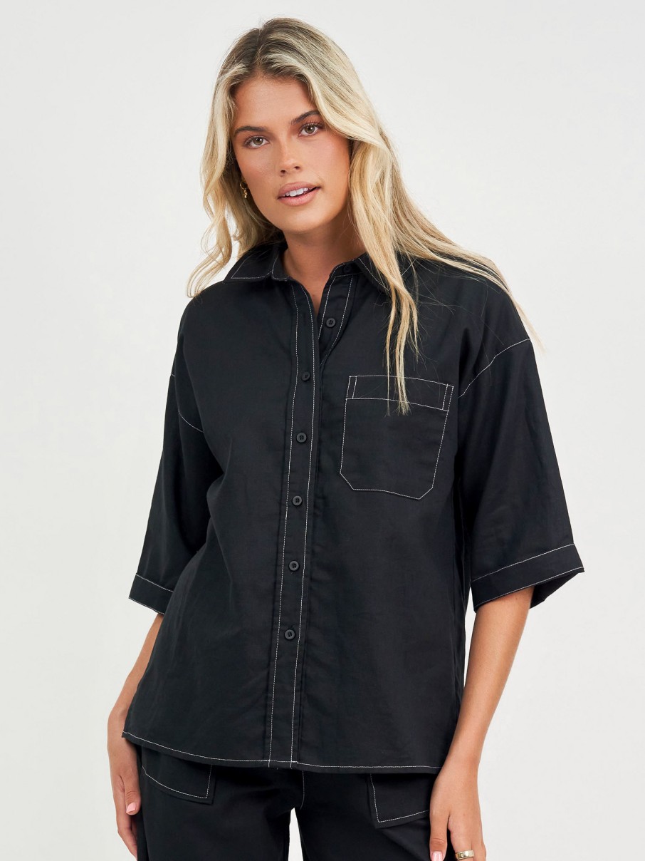 Tops Vendor | Stitch Detailed Linen Shirt - Black - Liberty Rose - Florence Store