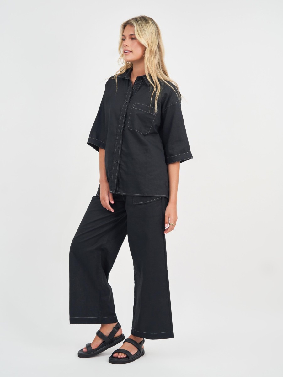 Tops Vendor | Stitch Detailed Linen Shirt - Black - Liberty Rose - Florence Store