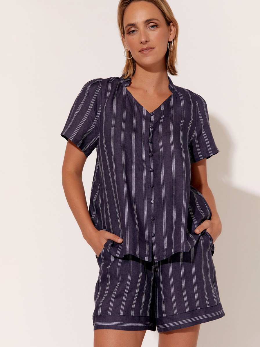 Bottoms Vendor | Stripe Linen Short - Navy - Adorne - Florence Store